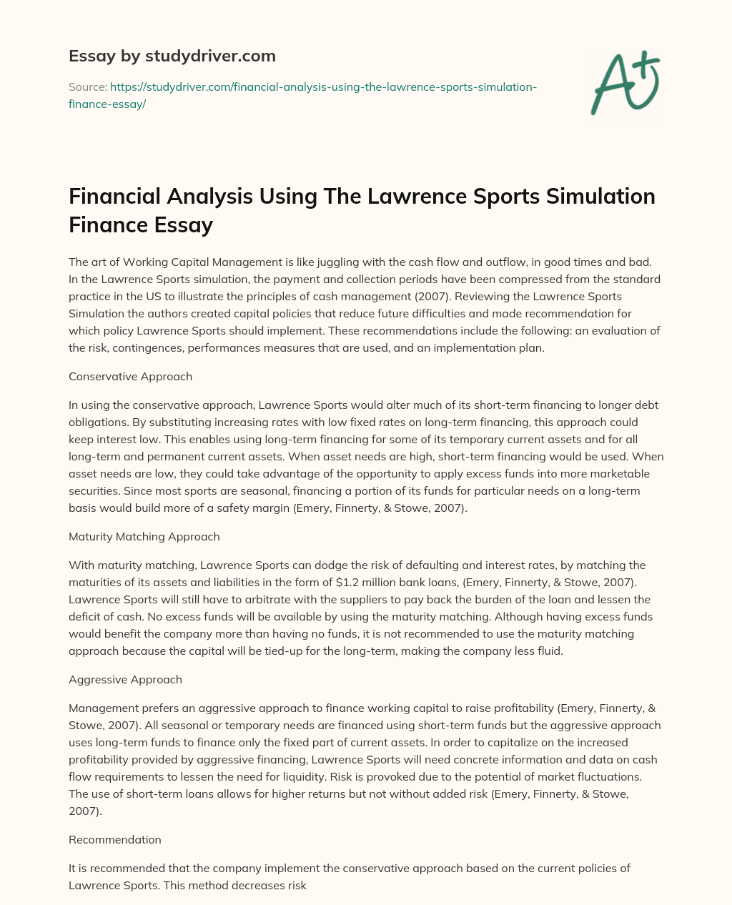 Financial Analysis Using the Lawrence Sports Simulation Finance Essay essay