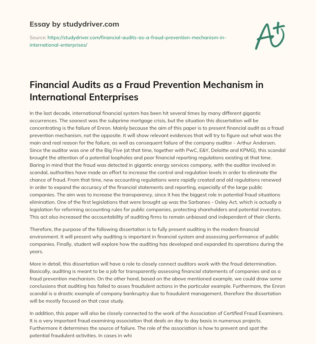 Financial Audits as a Fraud Prevention Mechanism in International Enterprises essay