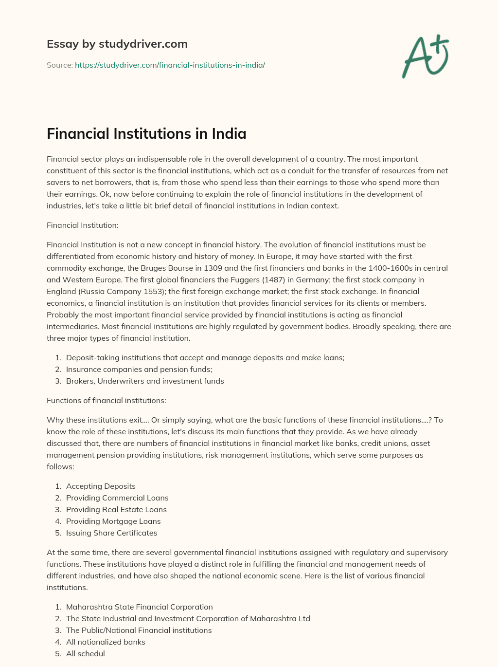Financial Institutions in India essay