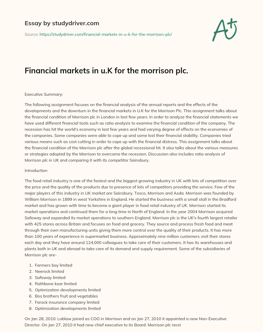 Financial Markets in U.K for the Morrison Plc. essay