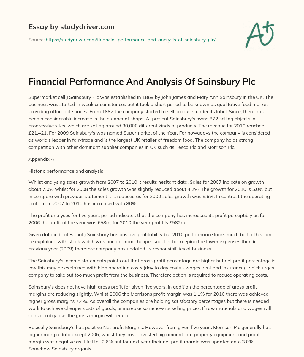Financial Performance and Analysis of Sainsbury Plc essay
