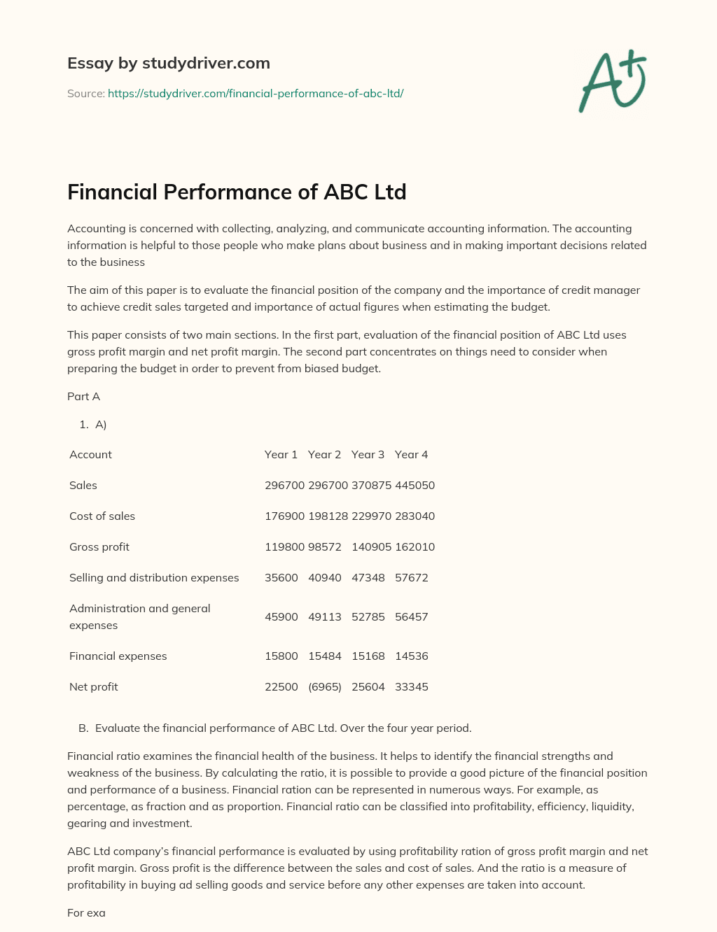 Financial Performance of ABC Ltd essay