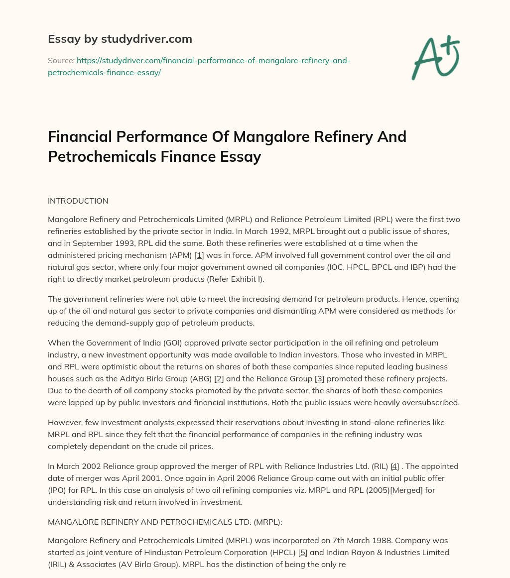 Financial Performance of Mangalore Refinery and Petrochemicals Finance Essay essay