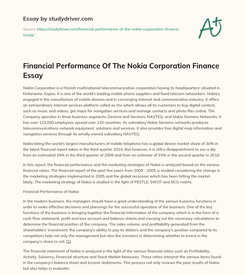 Financial Performance of the Nokia Corporation Finance Essay essay