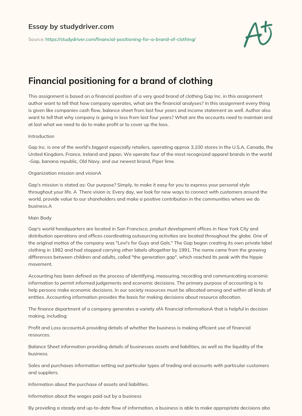 Financial Positioning for a Brand of Clothing essay