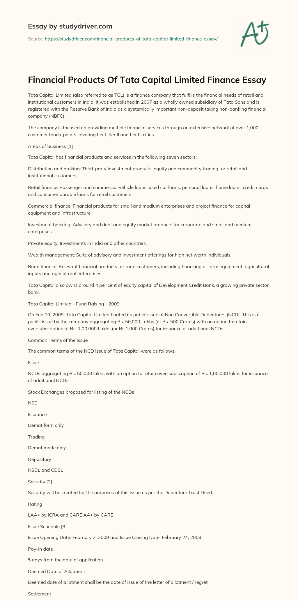 Financial Products of Tata Capital Limited Finance Essay essay