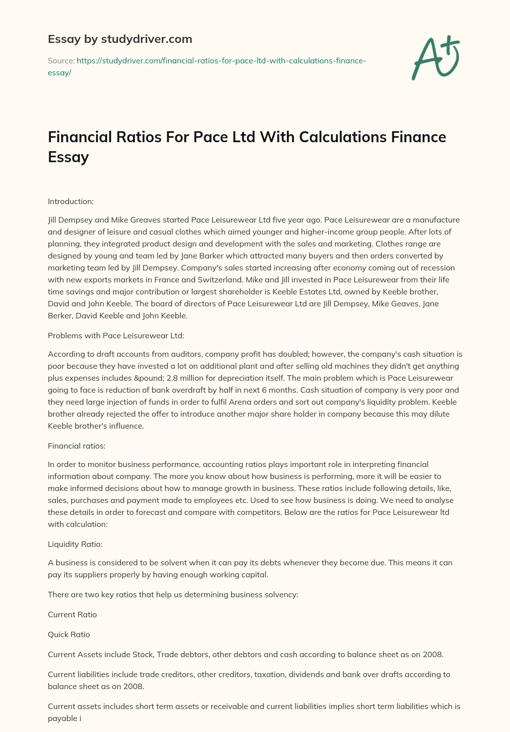 Financial Ratios for Pace Ltd with Calculations Finance Essay essay