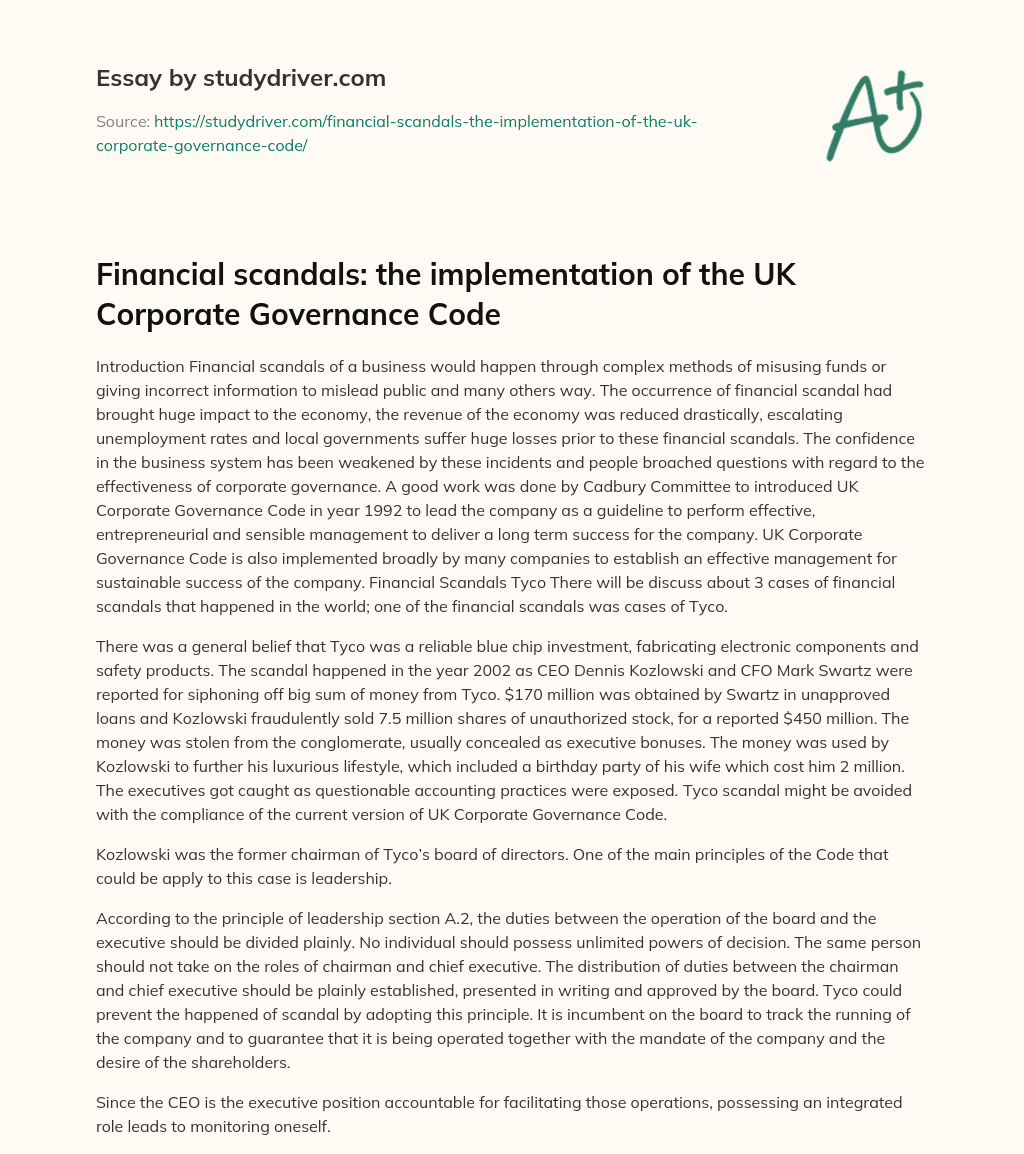 Financial Scandals: the Implementation of the UK Corporate Governance Code essay