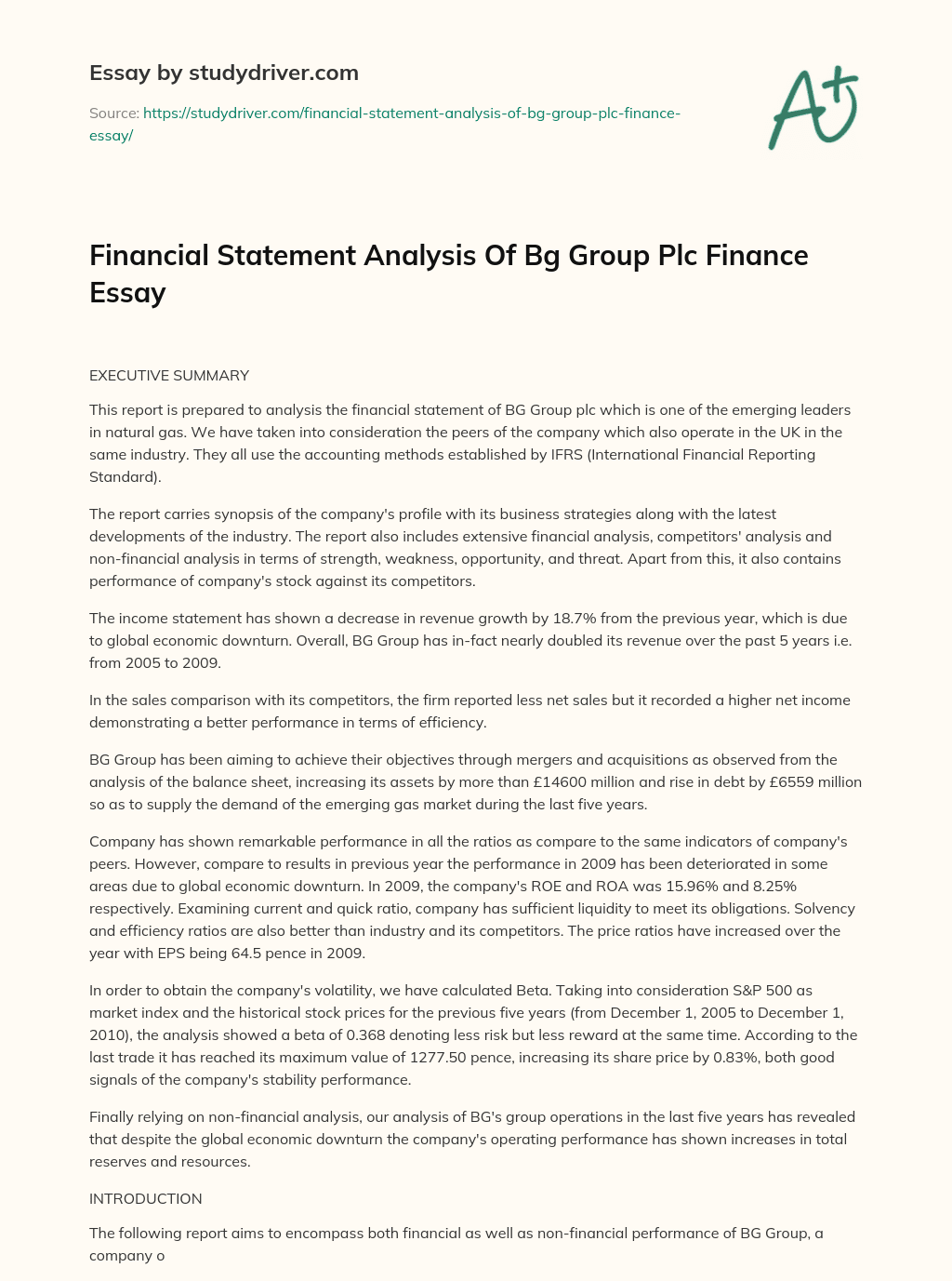 Financial Statement Analysis of Bg Group Plc Finance Essay essay