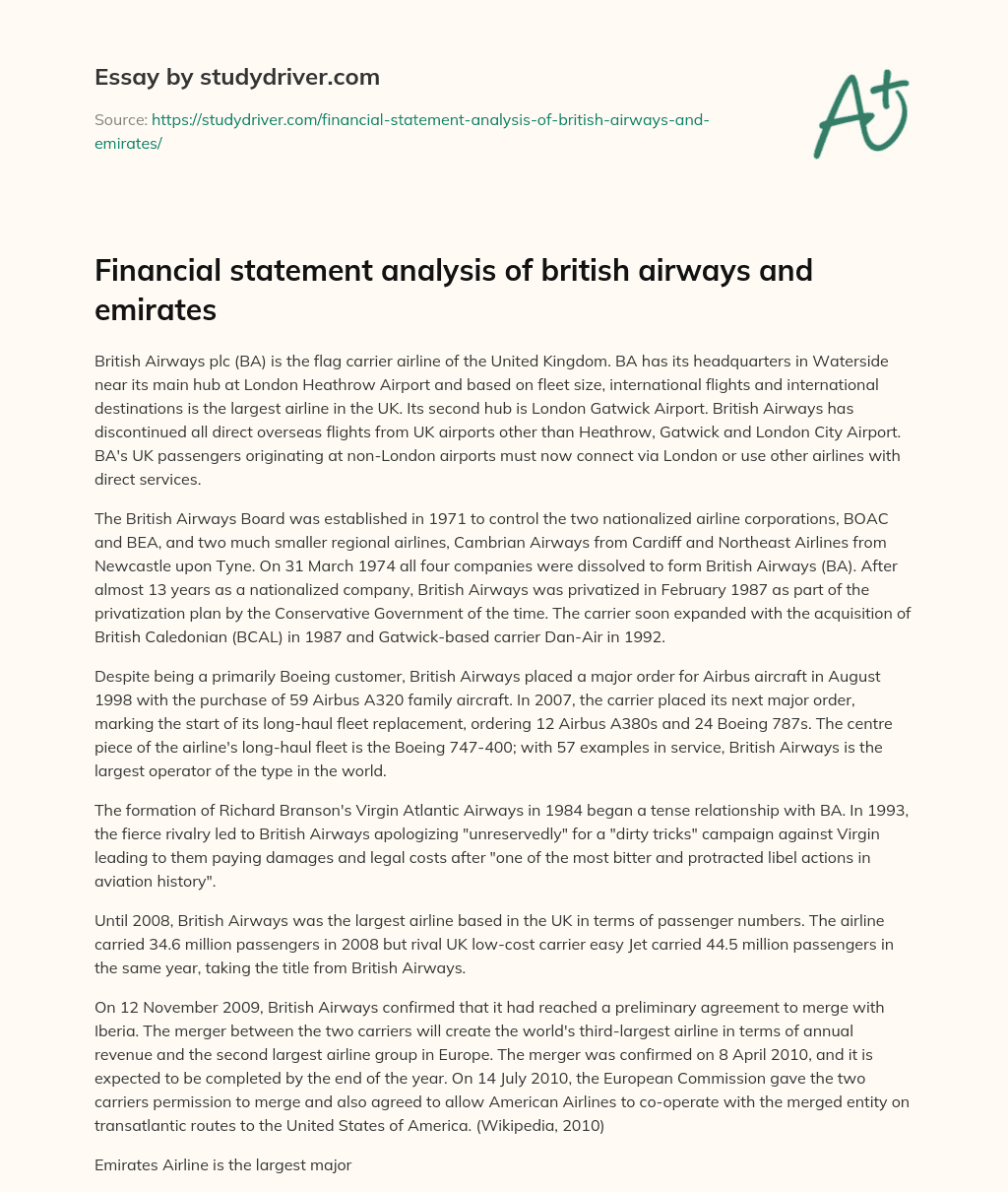 Financial Statement Analysis of British Airways and Emirates essay