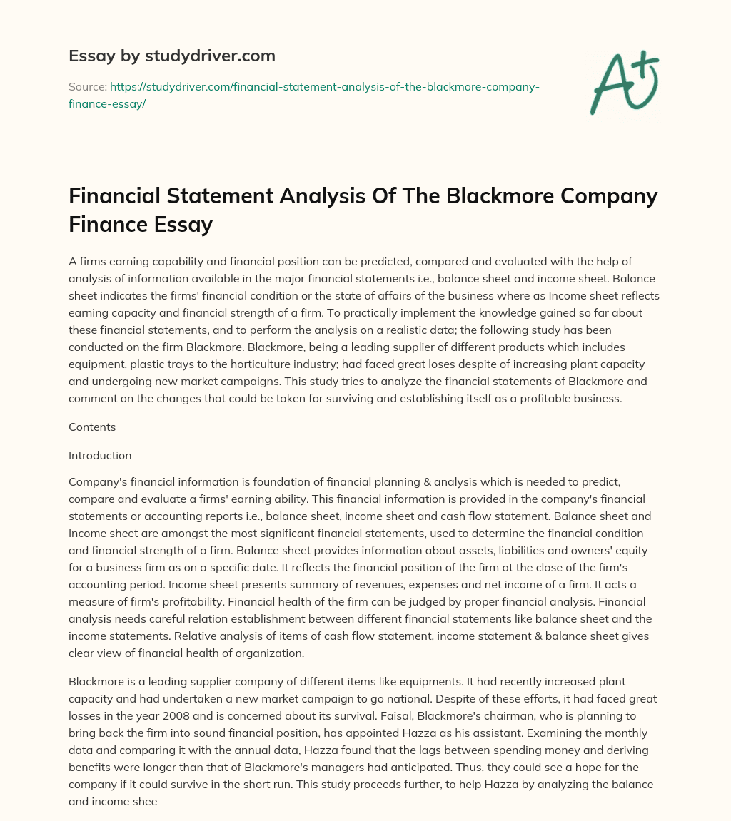 Financial Statement Analysis of the Blackmore Company Finance Essay essay