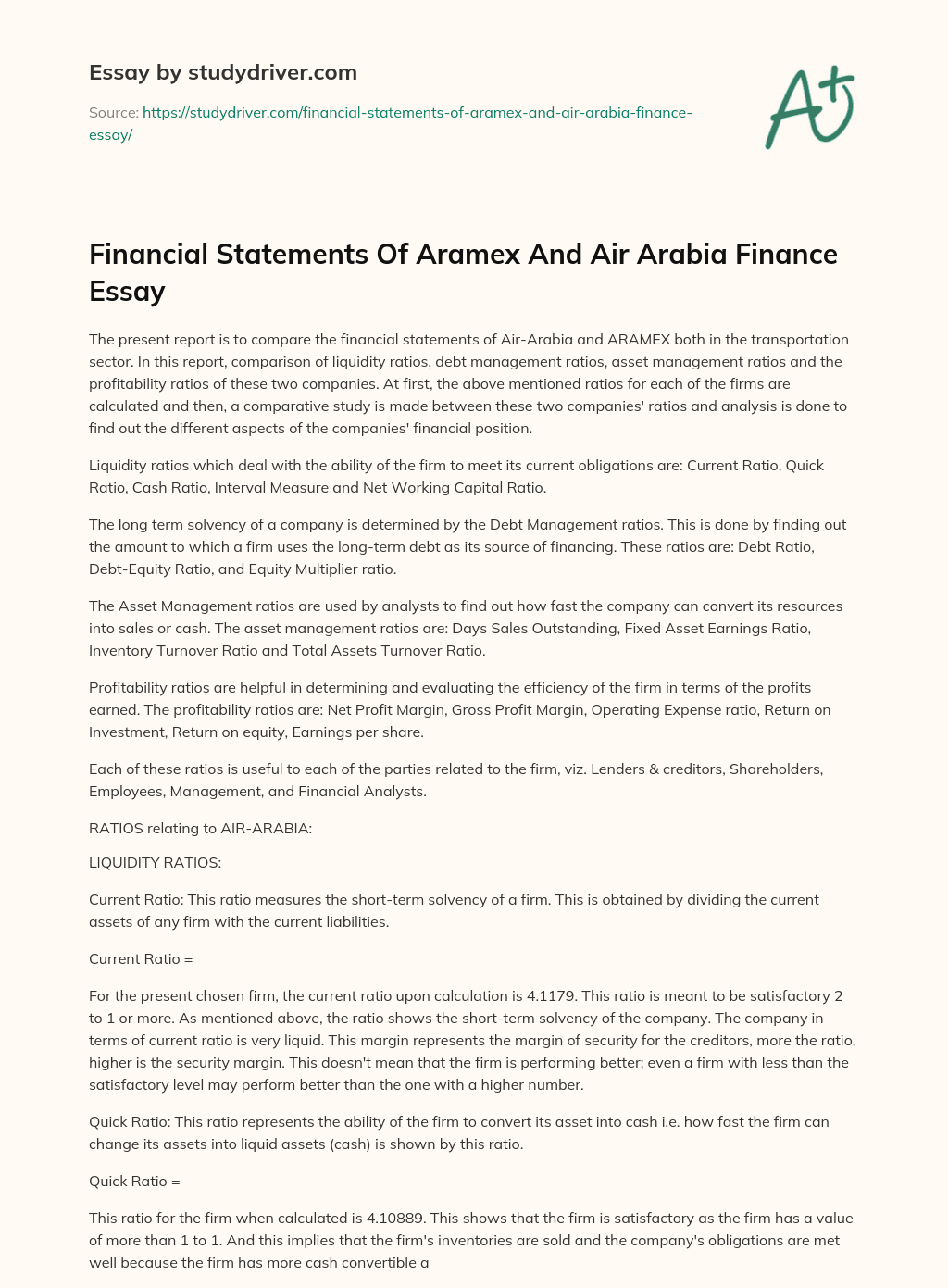 Financial Statements of Aramex and Air Arabia Finance Essay essay