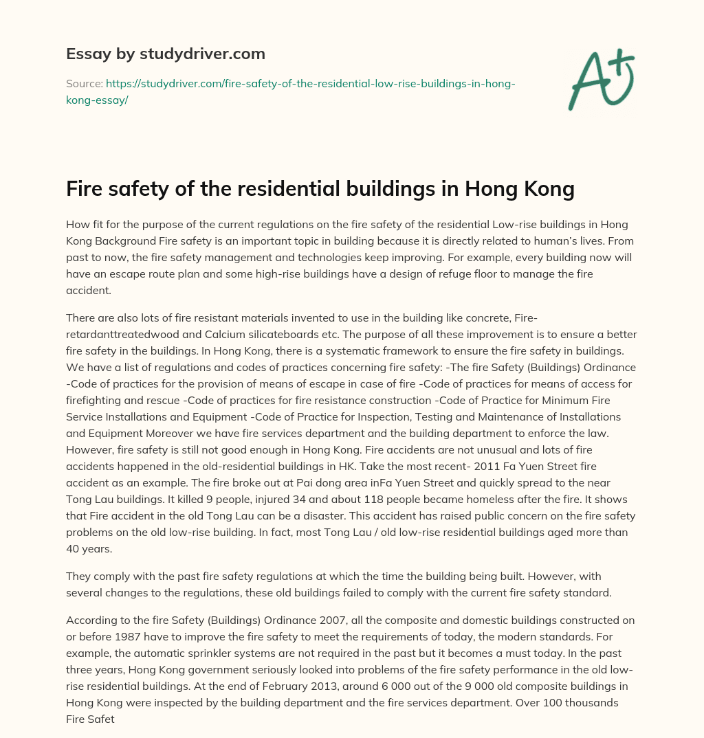 Fire Safety of the Residential Buildings in Hong Kong essay