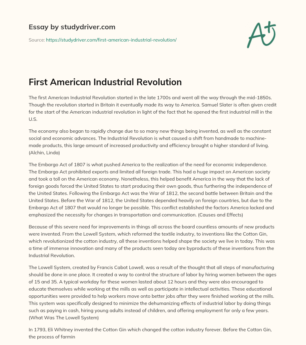 First American Industrial Revolution essay