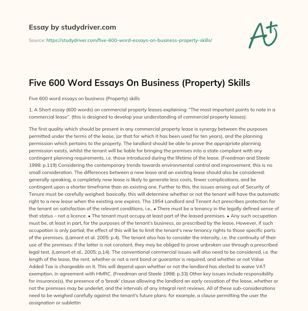 Five 600 Word Essays on Business (Property) Skills essay