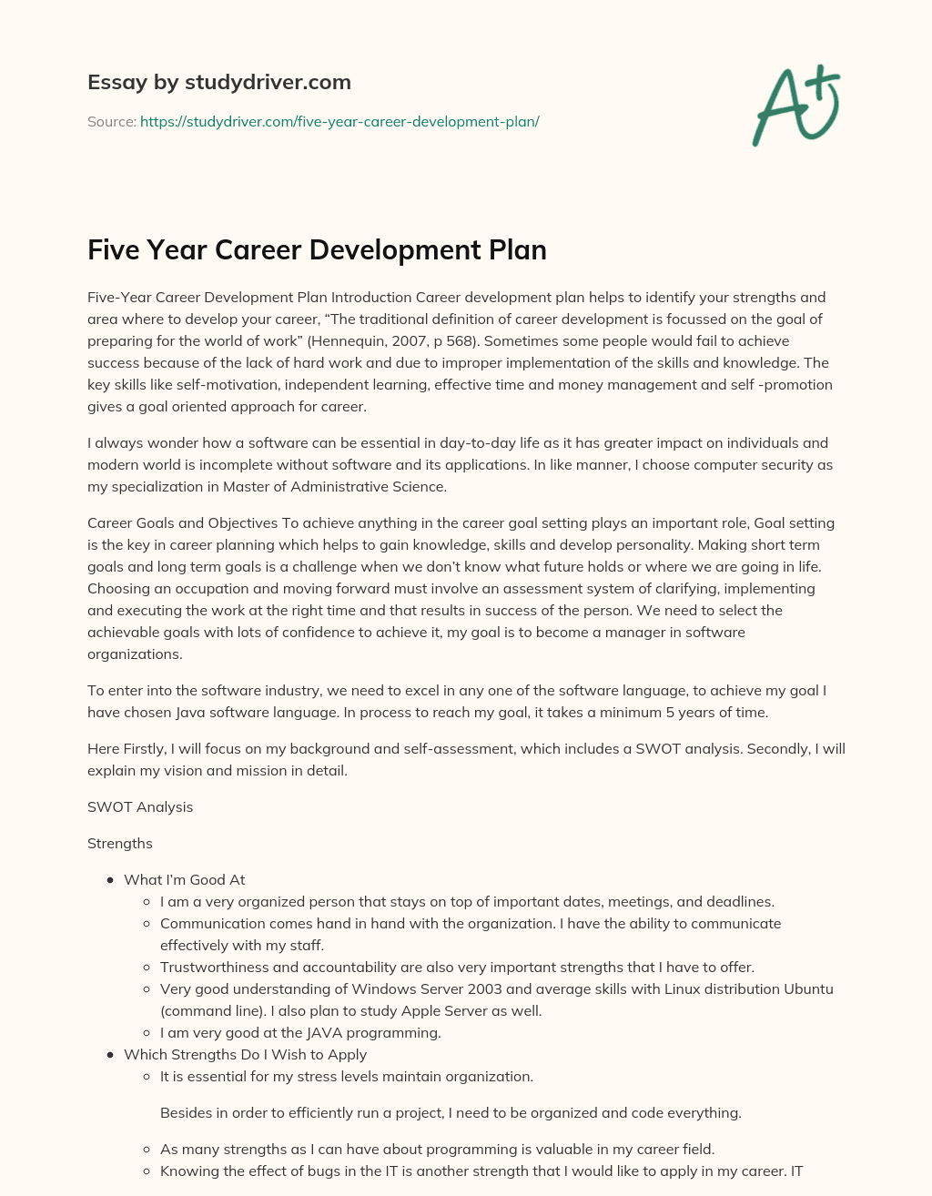 Five Year Career Development Plan essay