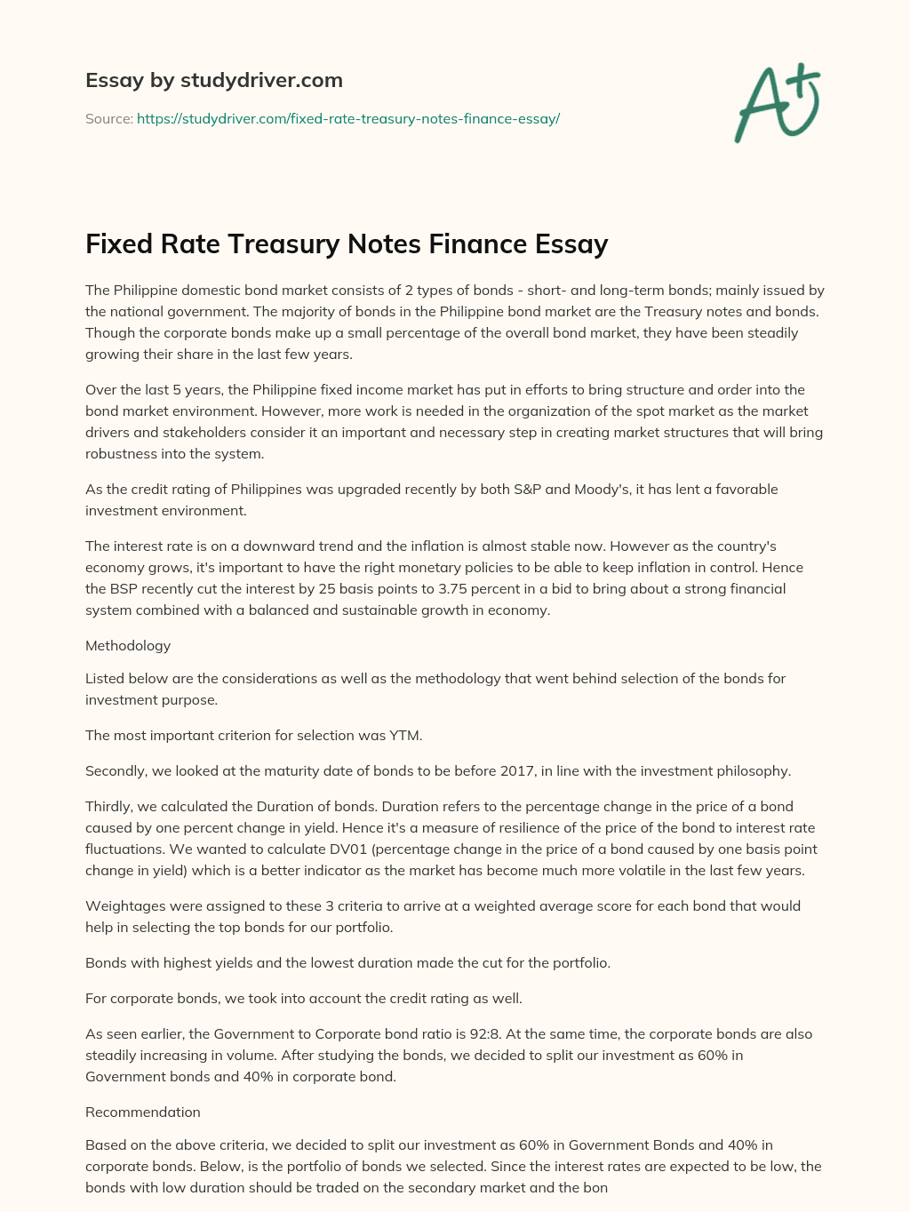 Fixed Rate Treasury Notes Finance Essay essay