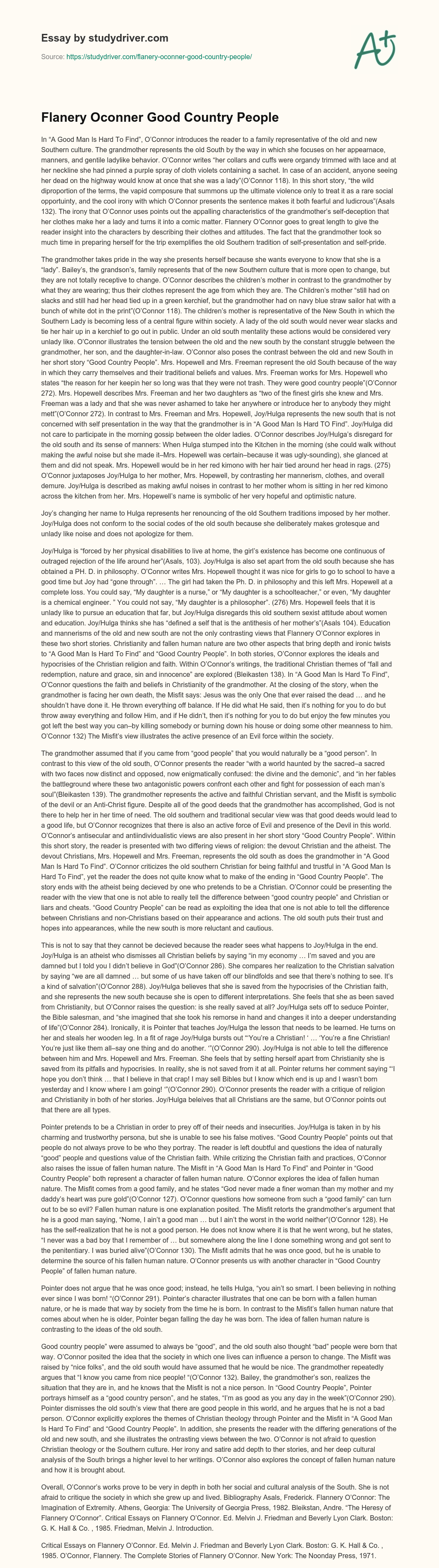 Flanery Oconner Good Country People essay