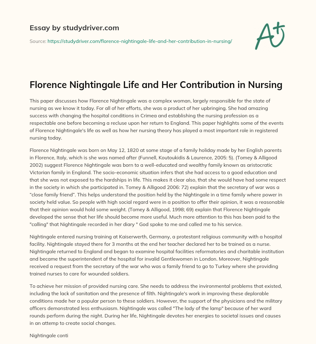 Florence Nightingale Life and her Contribution in Nursing essay