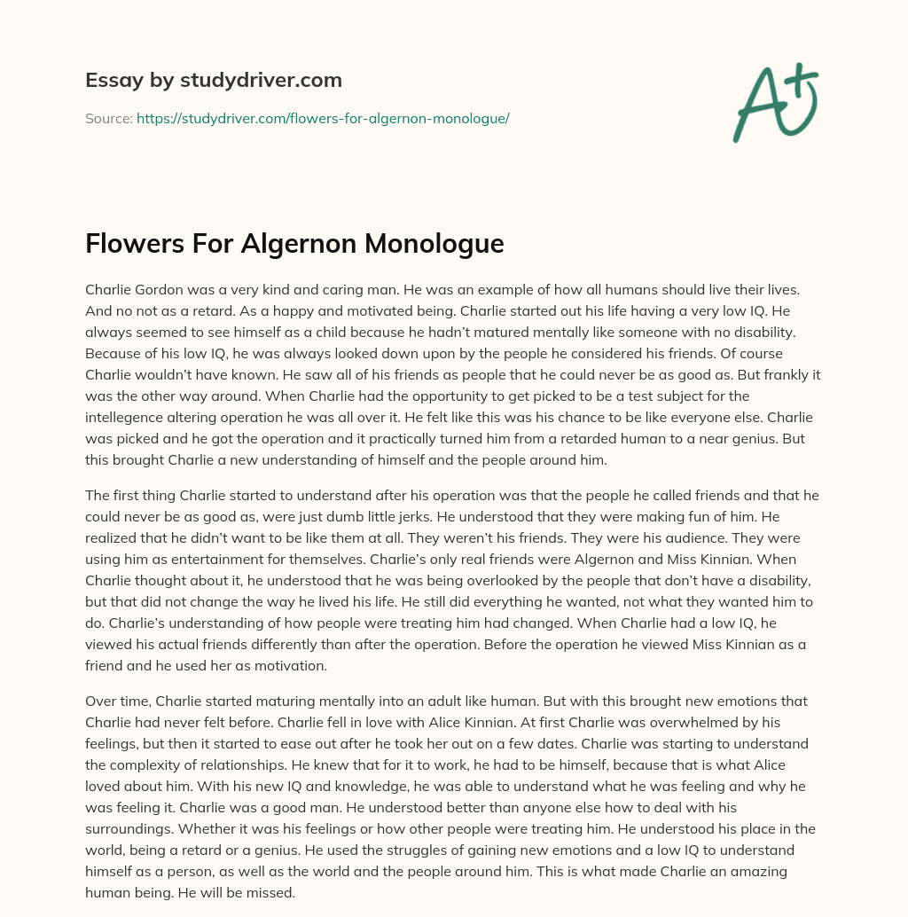 Flowers for Algernon Monologue essay