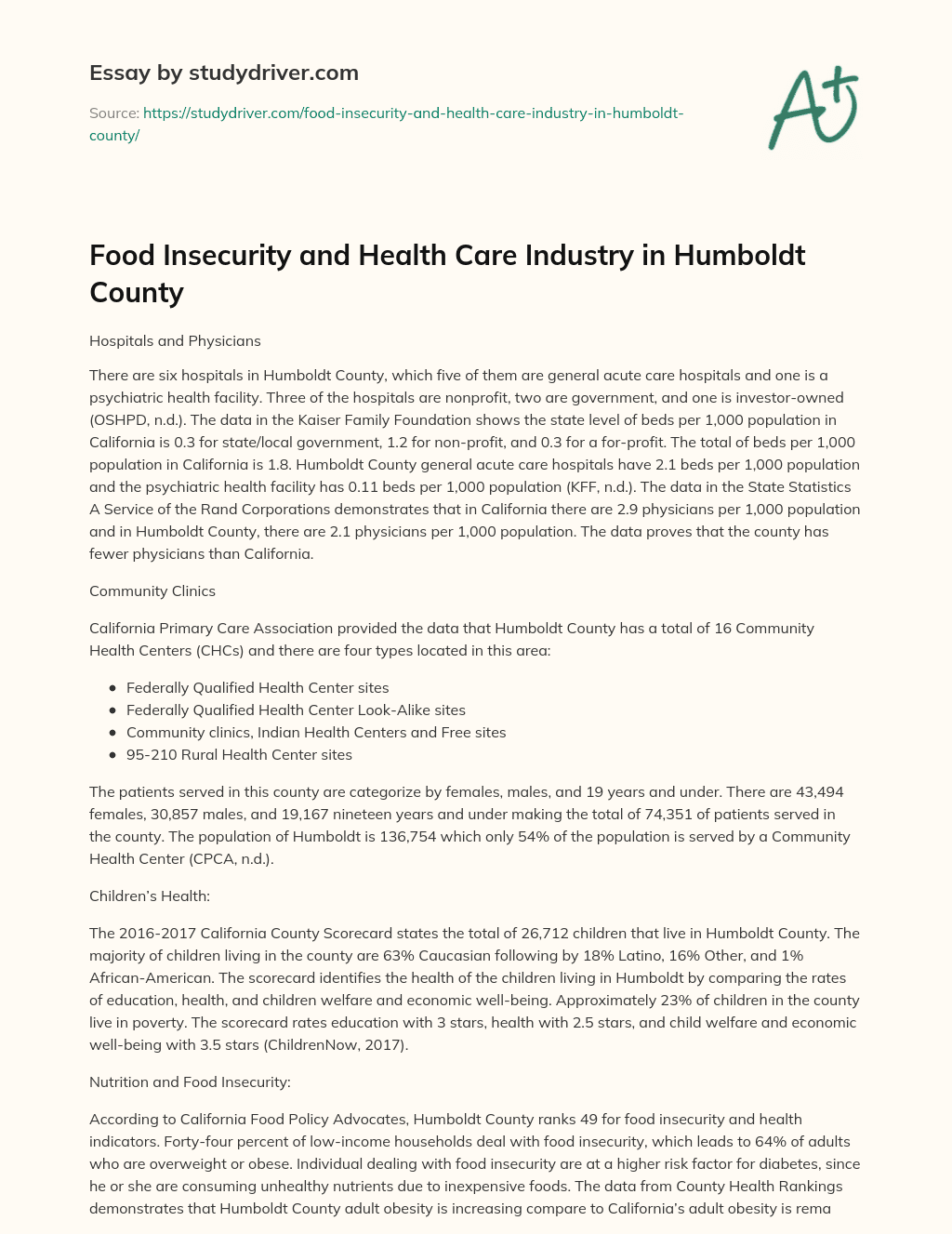 Food Insecurity and Health Care Industry in Humboldt County essay