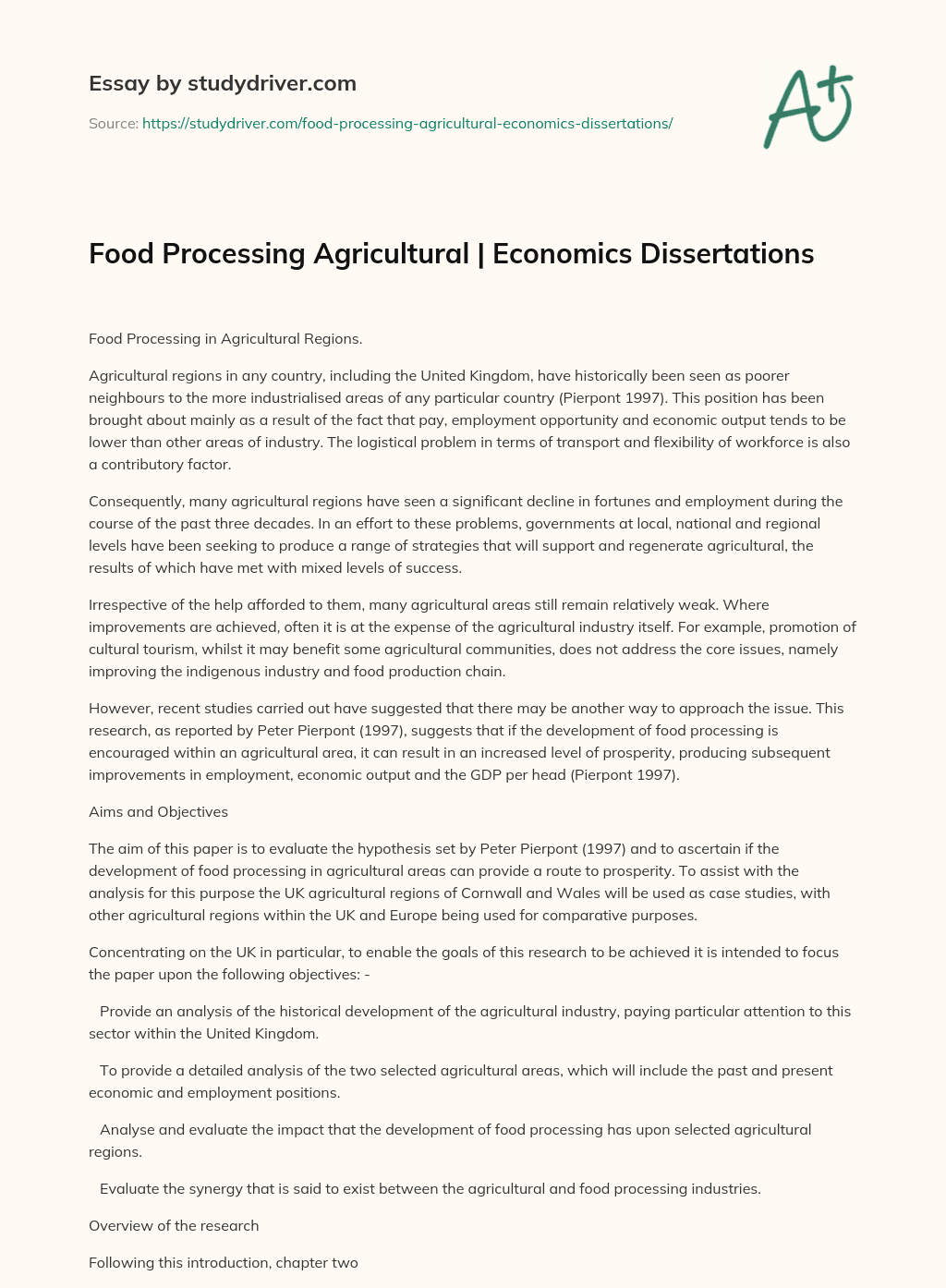 Food Processing Agricultural | Economics Dissertations essay