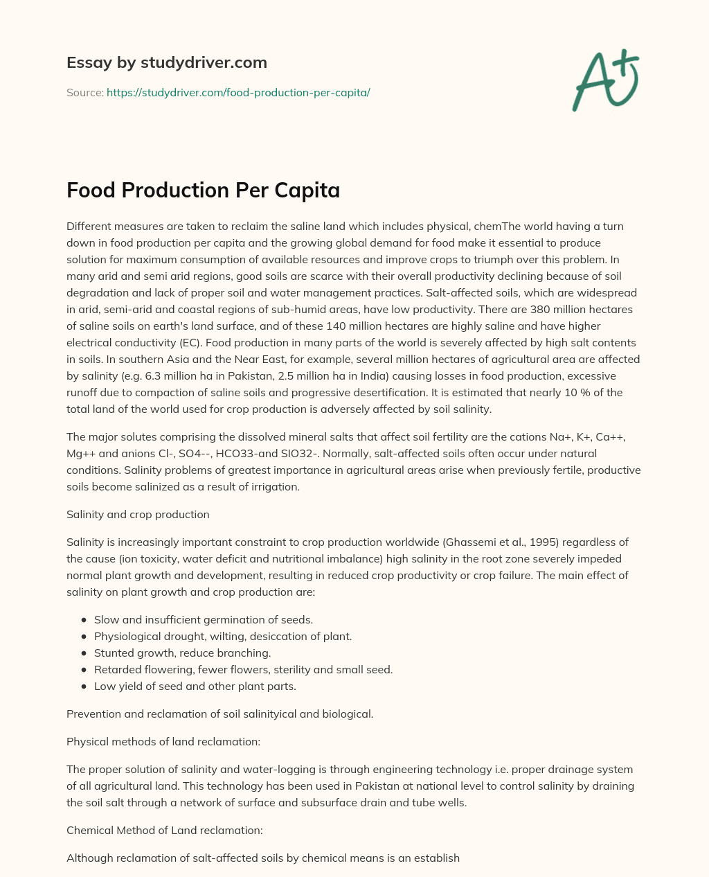 Food Production Per Capita essay