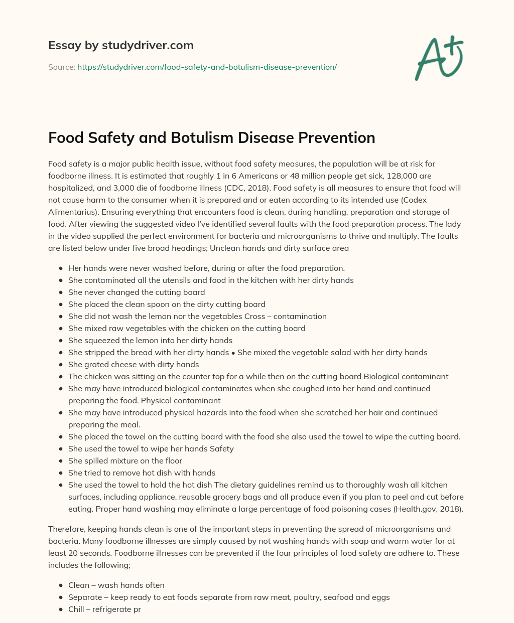 Food Safety and Botulism Disease Prevention essay