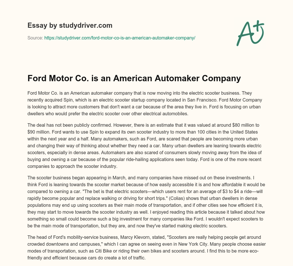 Ford Motor Co. is an American Automaker Company essay