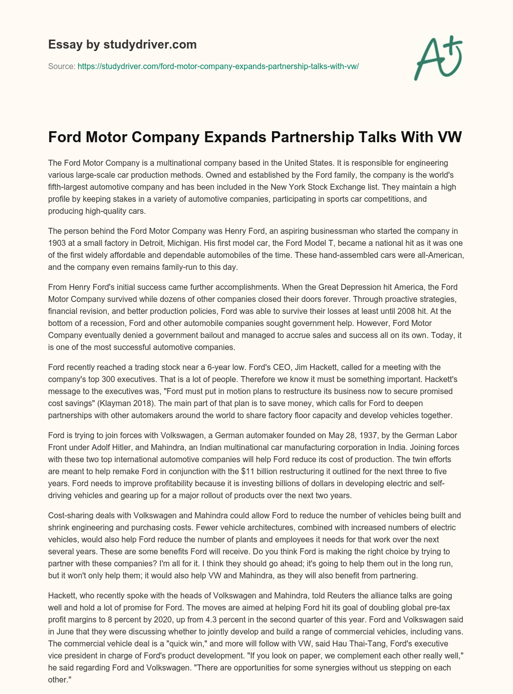 Ford Motor Company Expands Partnership Talks with VW essay