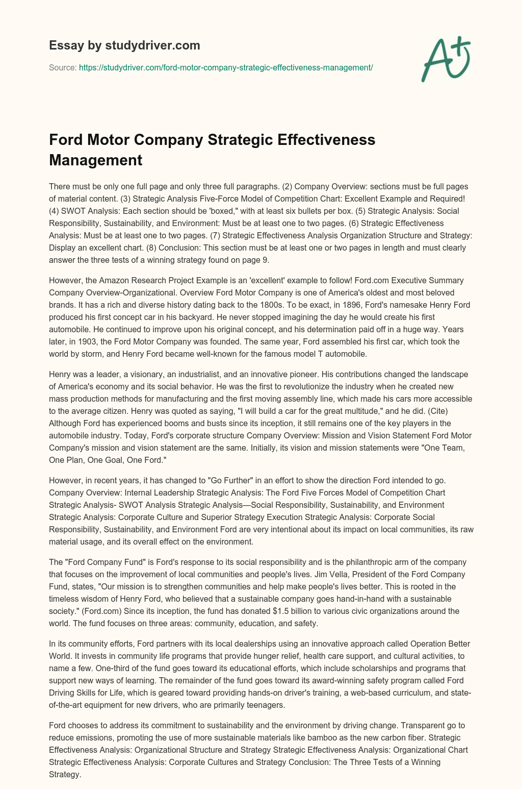 Ford Motor Company Strategic Effectiveness Management essay