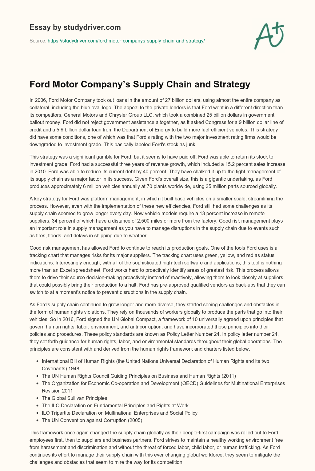 Ford Motor Company’s Supply Chain and Strategy essay