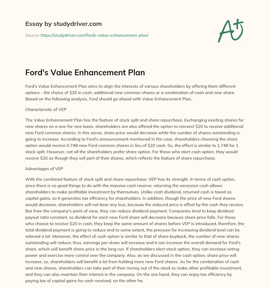 Ford’s Value Enhancement Plan essay