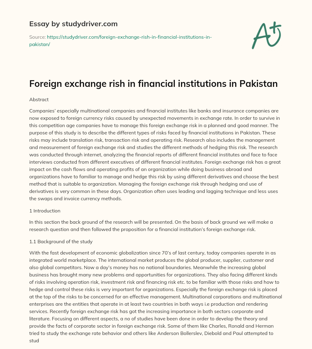 Foreign Exchange Rish in Financial Institutions in Pakistan essay