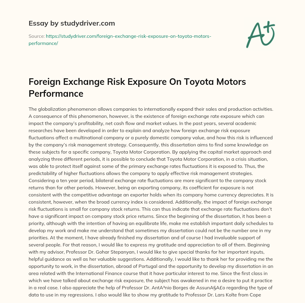 Foreign Exchange Risk Exposure on Toyota Motors Performance essay