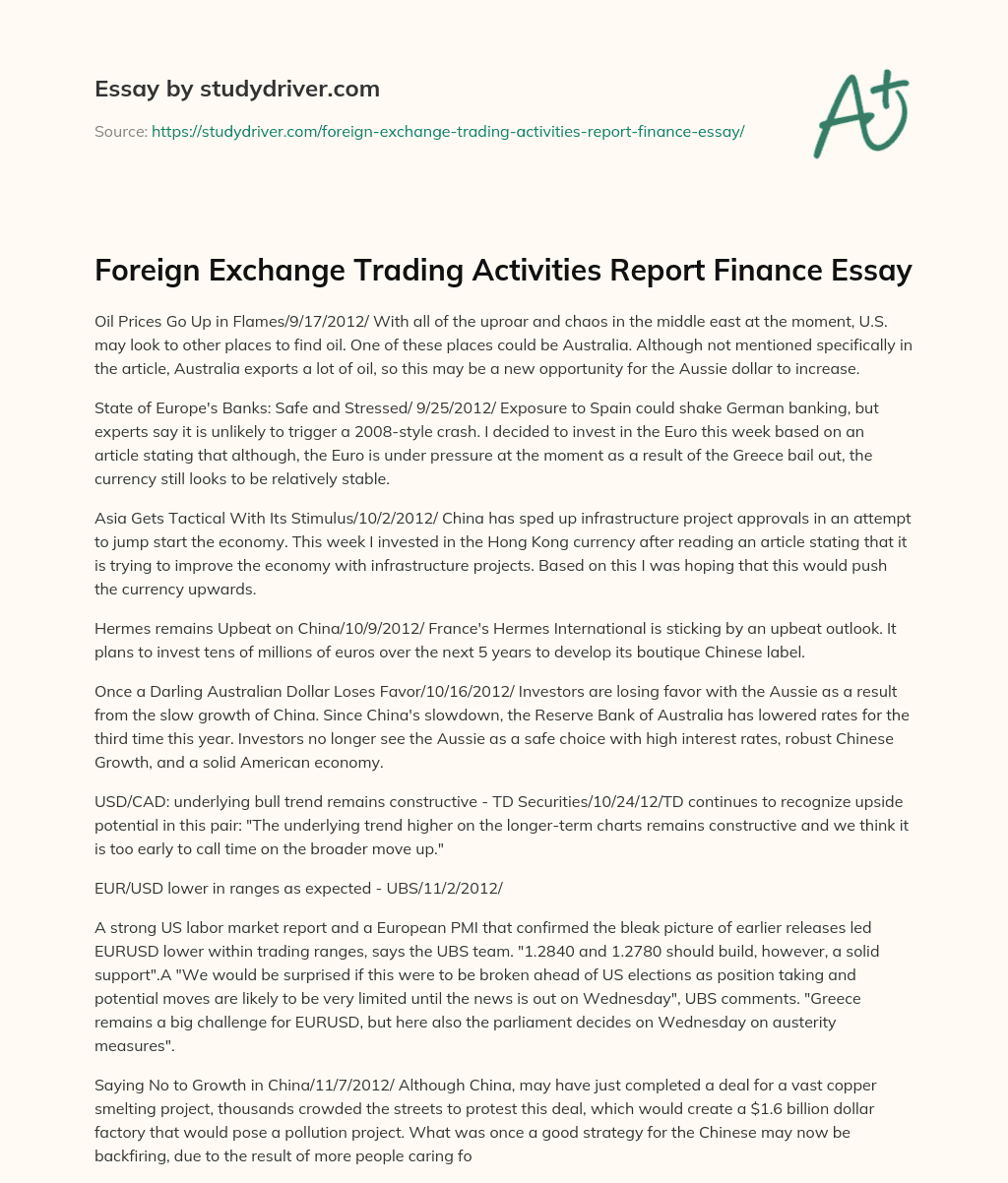 Foreign Exchange Trading Activities Report Finance Essay essay