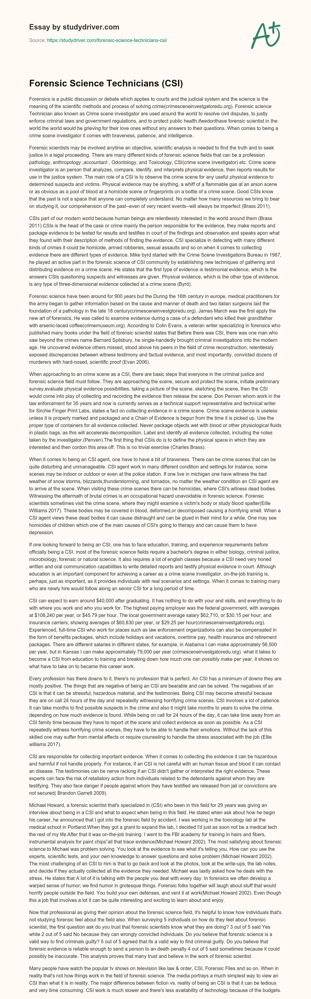 Forensic Science Technicians (CSI) essay