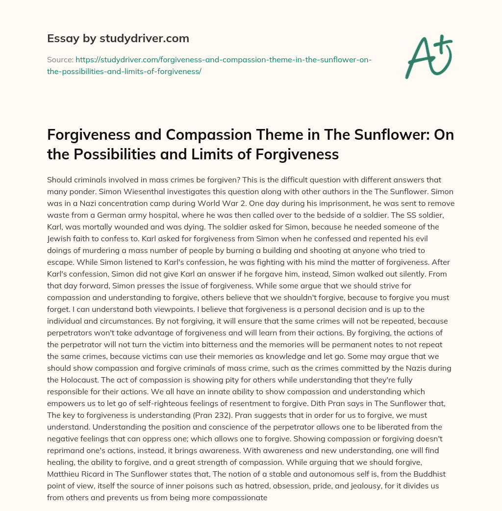 Forgiveness and Compassion Theme in the Sunflower: on the Possibilities and Limits of Forgiveness essay