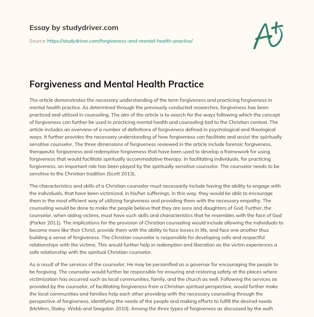 Forgiveness and Mental Health Practice essay
