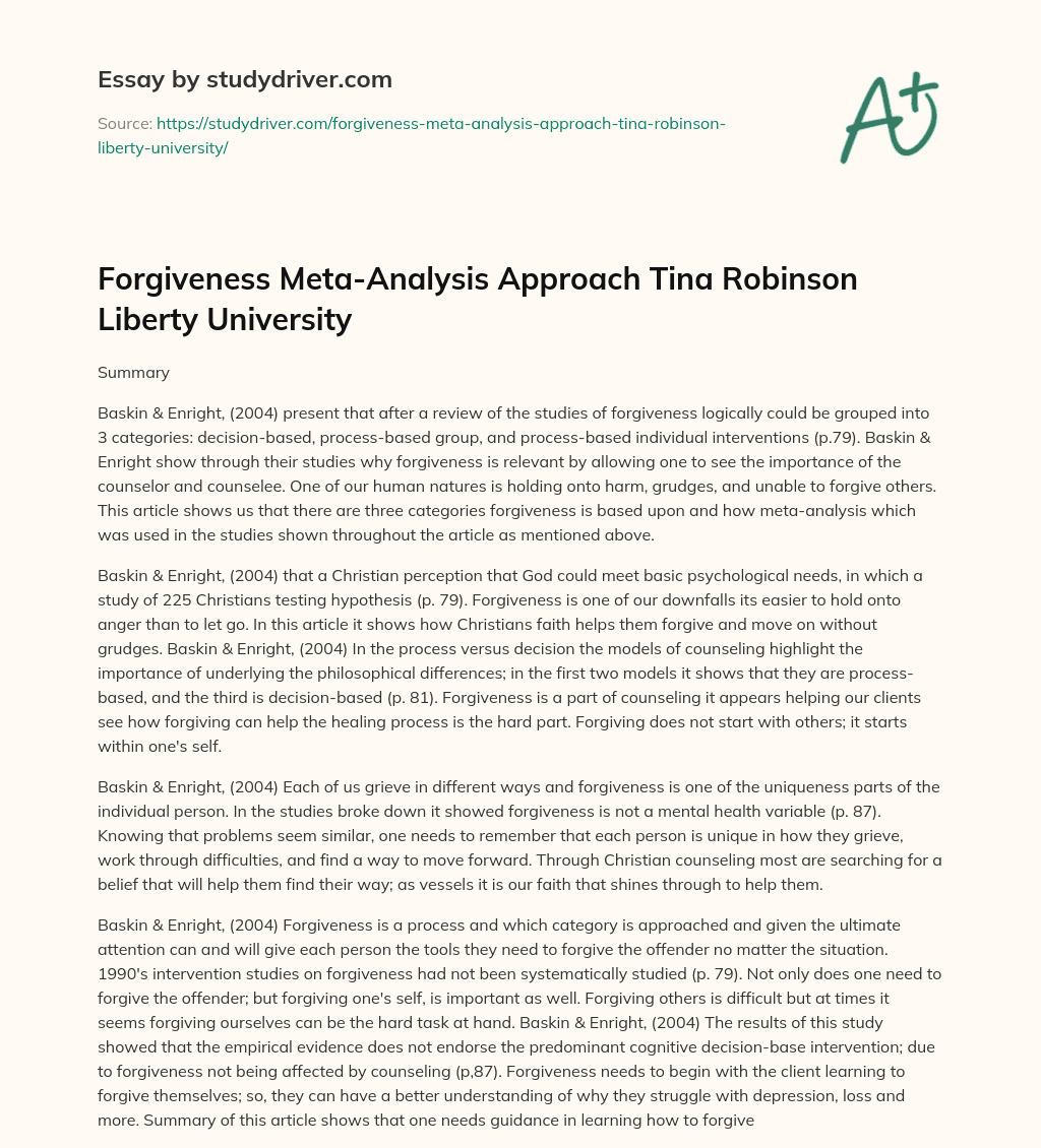 Forgiveness Meta-Analysis Approach Tina Robinson Liberty University essay