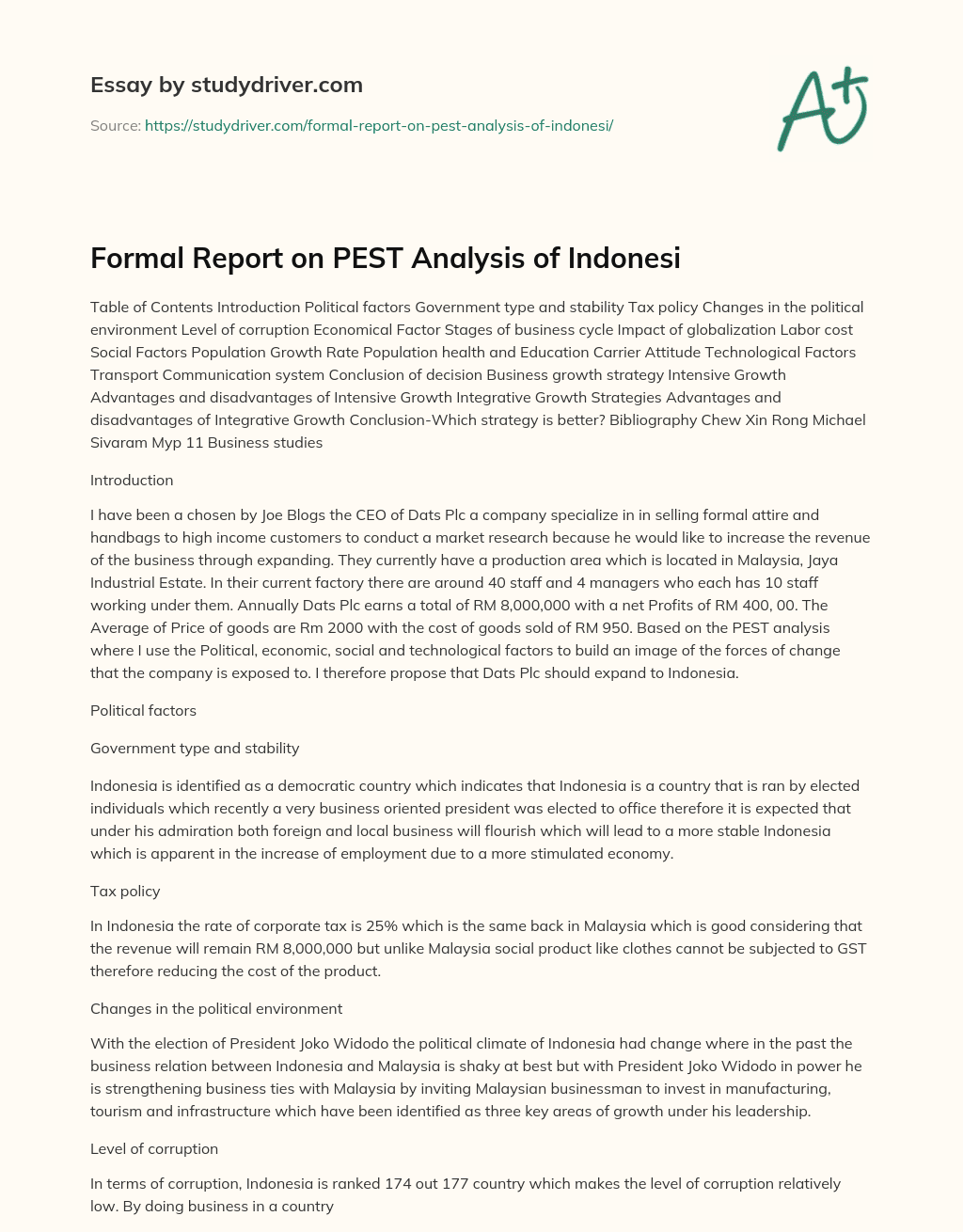 Formal Report on PEST Analysis of Indonesi essay