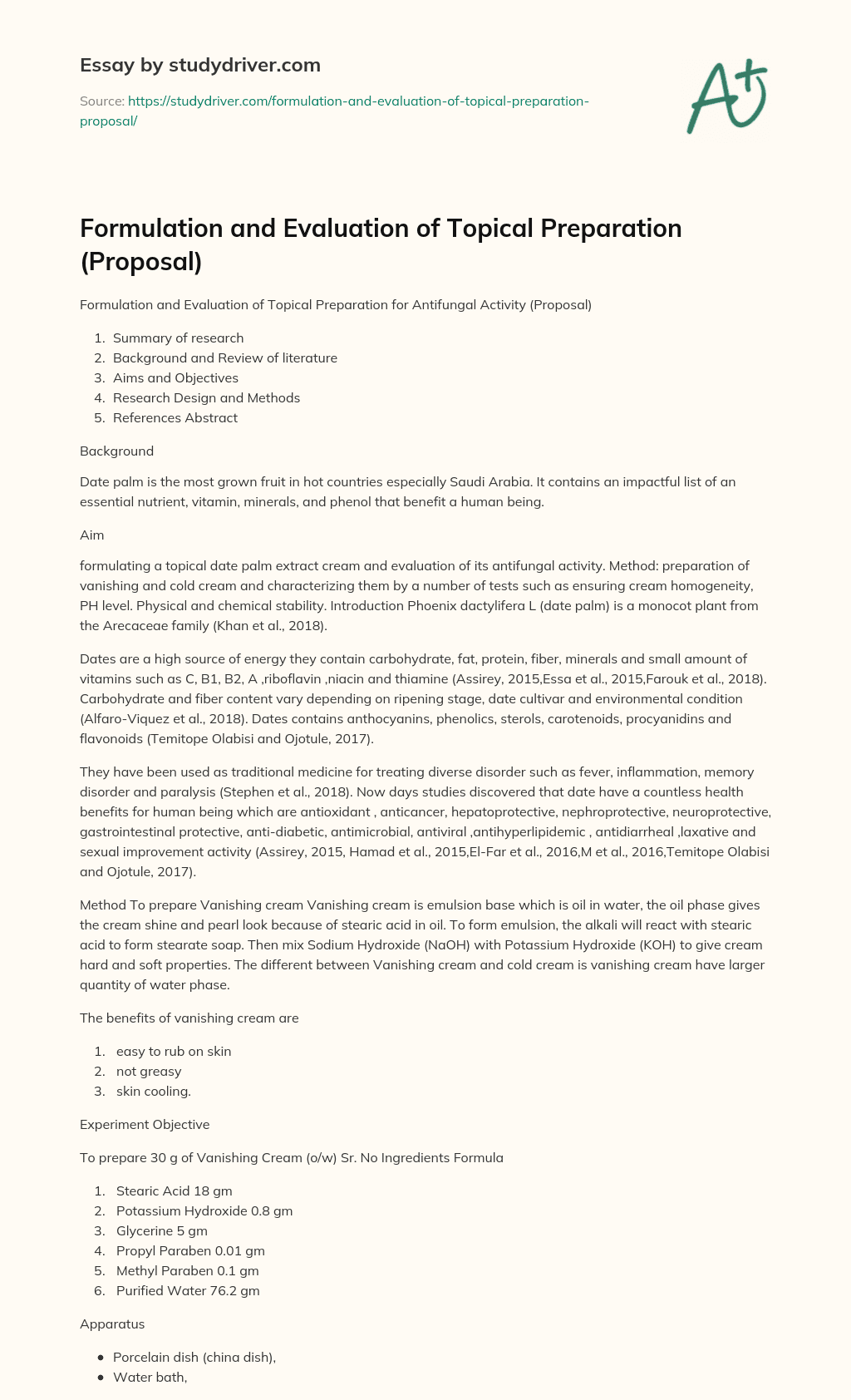 Formulation and Evaluation of Topical Preparation  (Proposal) essay