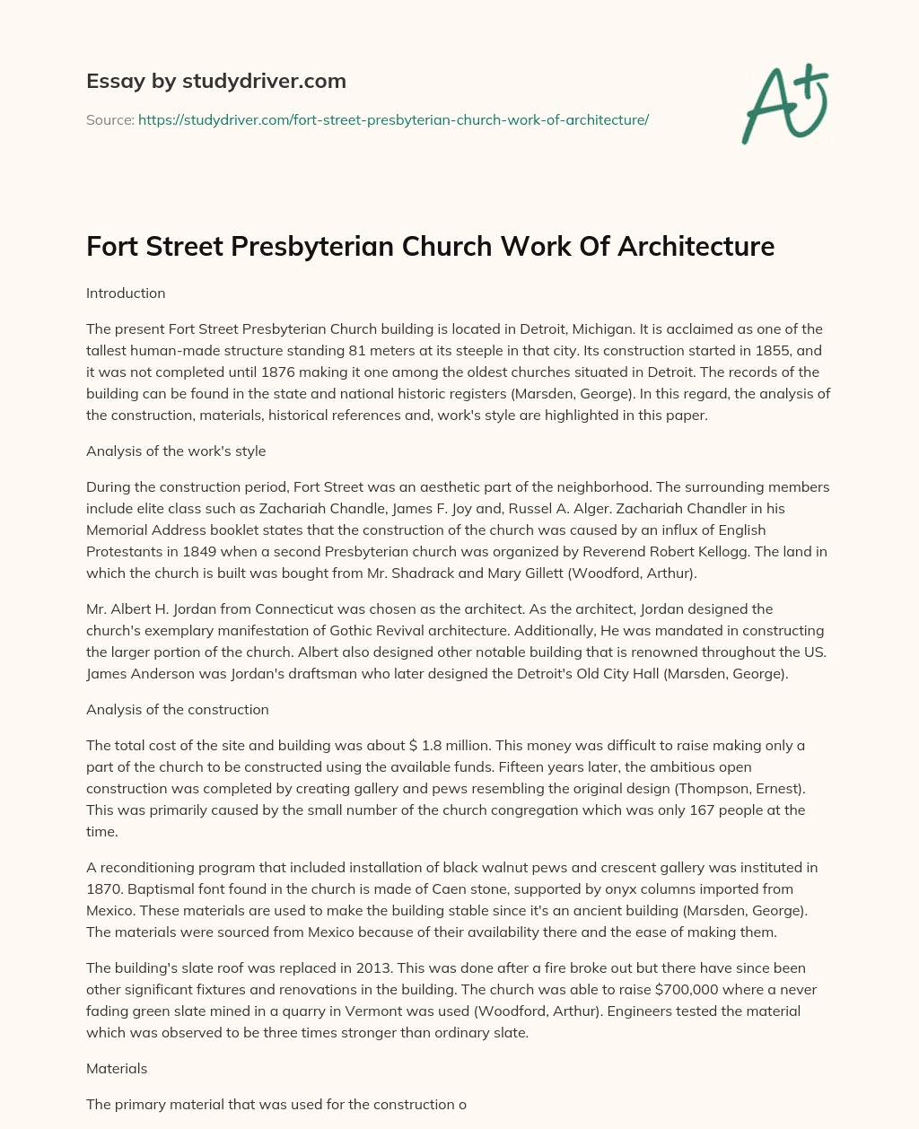 Fort Street Presbyterian Church Work of Architecture essay