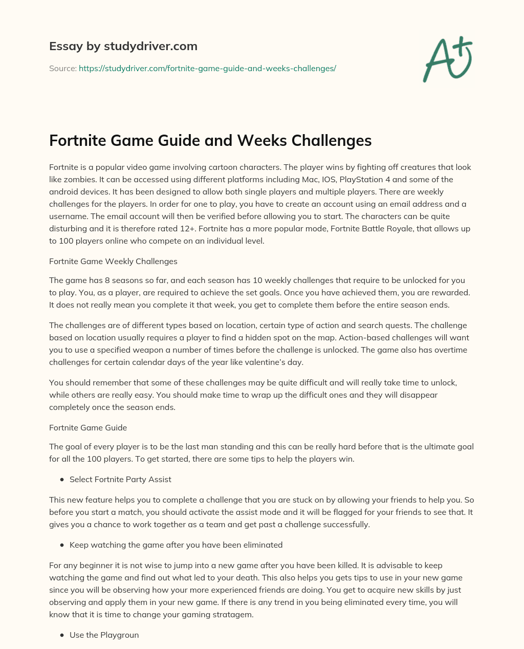 Fortnite Game Guide and Weeks Challenges essay