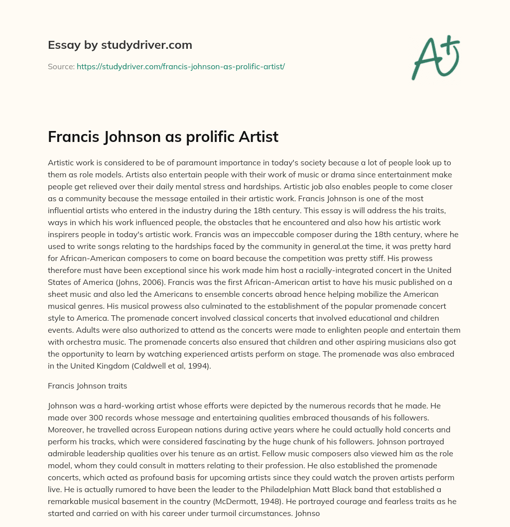Francis Johnson as Prolific Artist essay