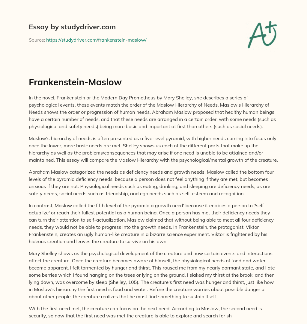Frankenstein-Maslow essay