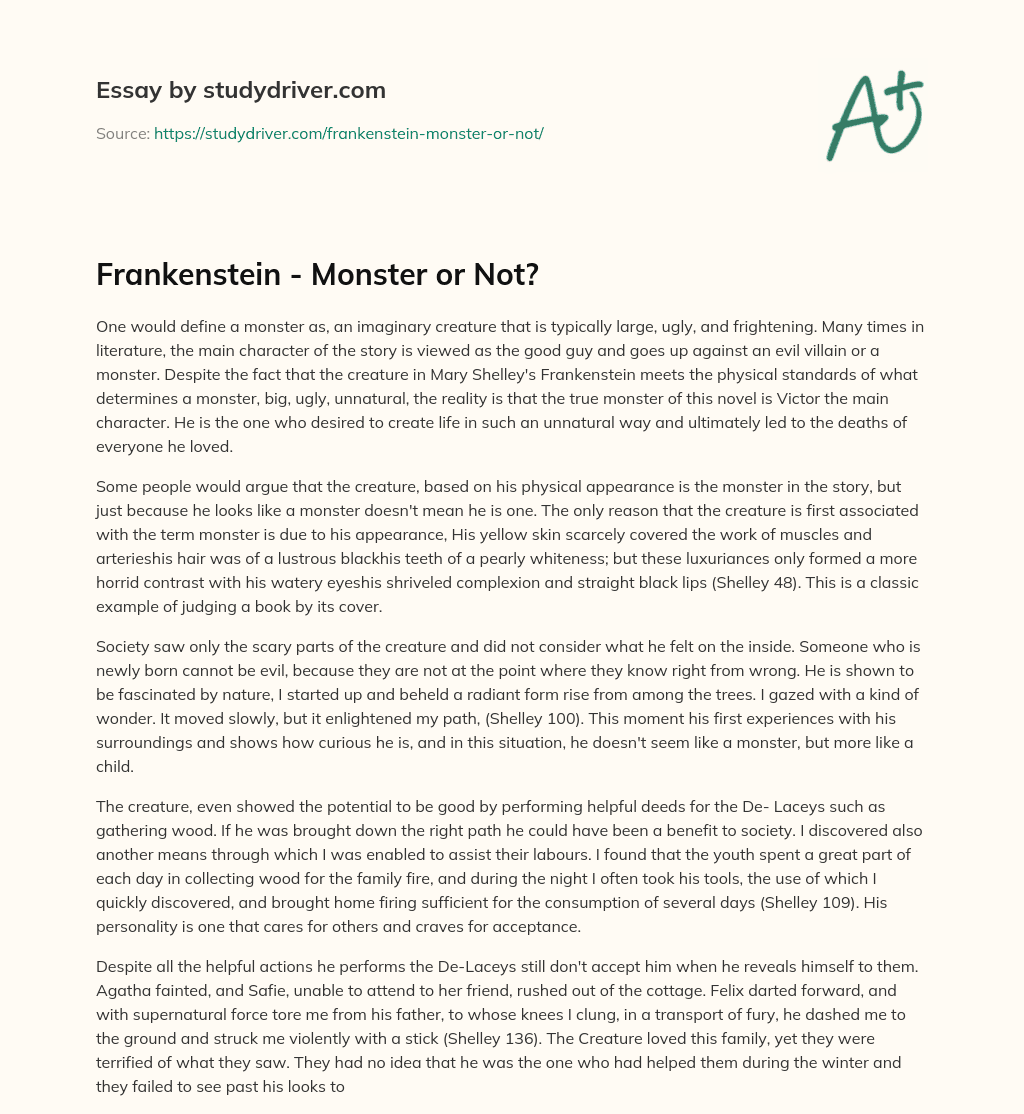 Frankenstein – Monster or Not? essay