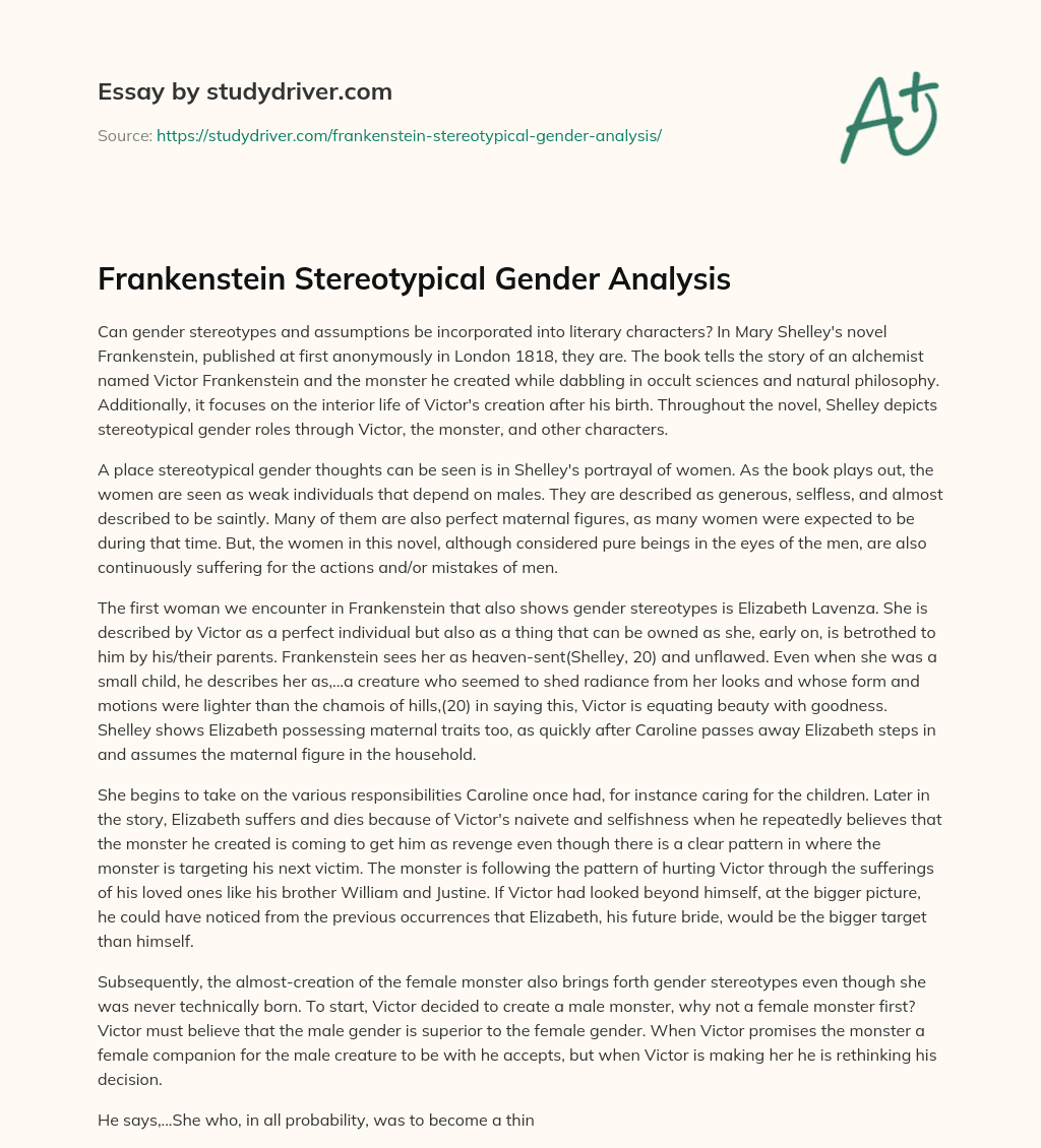 Frankenstein Stereotypical Gender Analysis essay