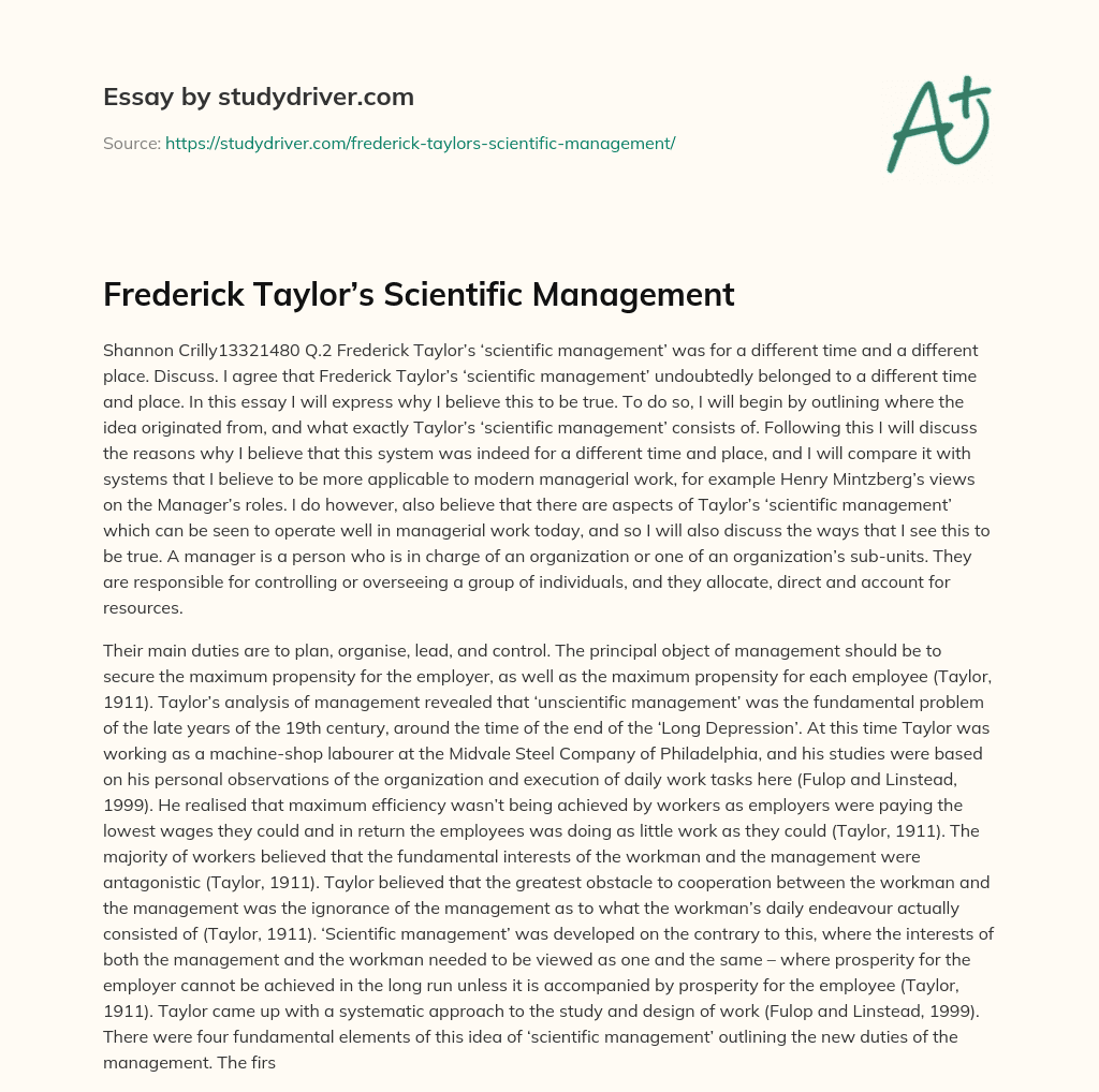 Frederick Taylor’s Scientific Management essay