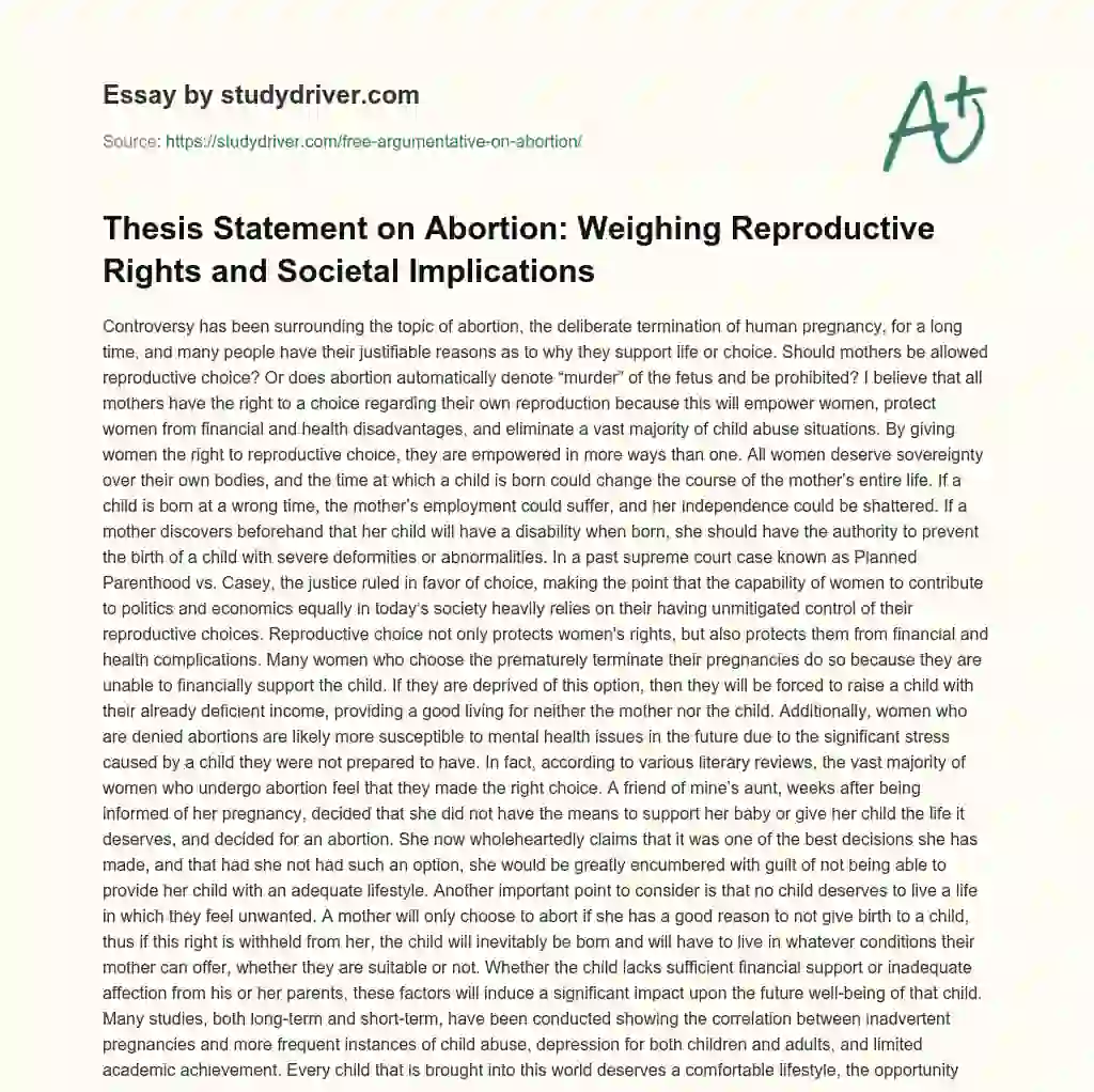 Free Argumentative on Abortion essay